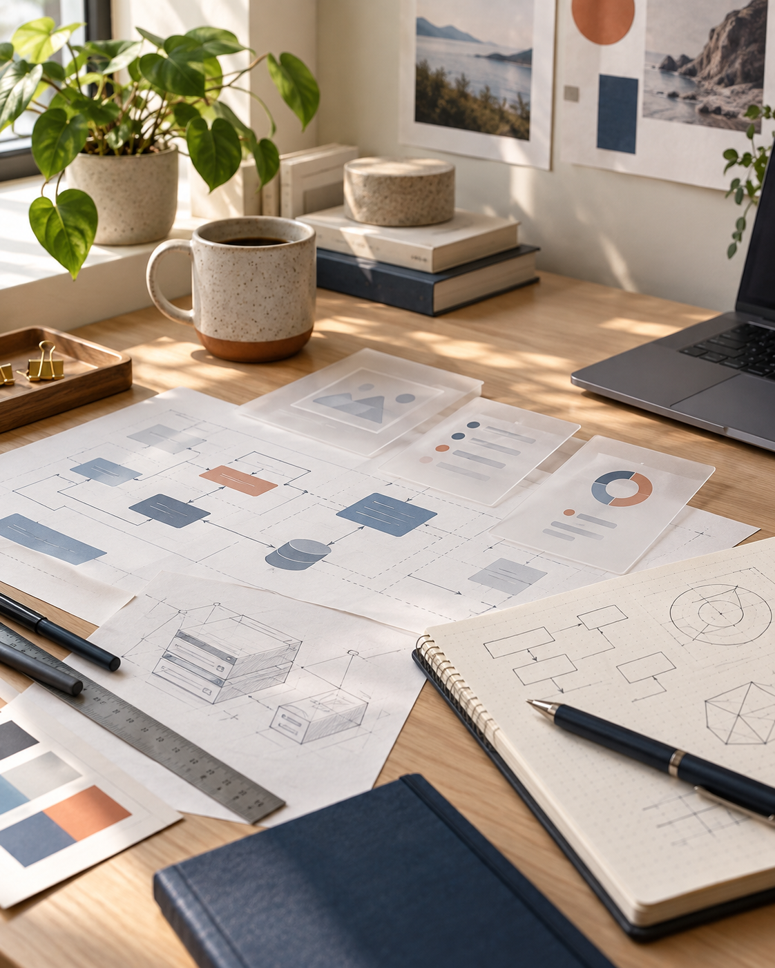 A workspace with technical diagrams, interface sketches, and drafting tools