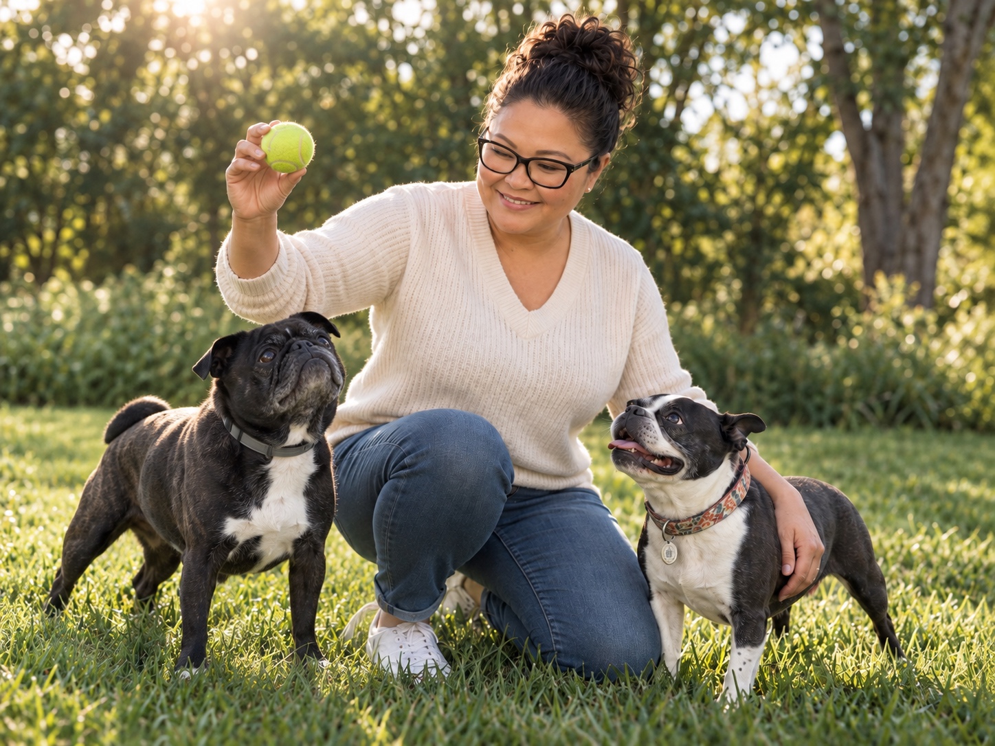 Sara Smith playing outside with her dogs, Daisy and Blossom